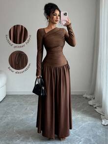 Elenzga 新款女式斜领长袖褶饰蝴蝶结设计A字腰收腰显瘦度假休闲优雅长裙，春秋 - 咖啡棕 - 查看 3
