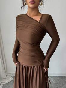 Elenzga 新款女式斜领长袖褶饰蝴蝶结设计A字腰收腰显瘦度假休闲优雅长裙，春秋 - 咖啡棕 - 查看 4