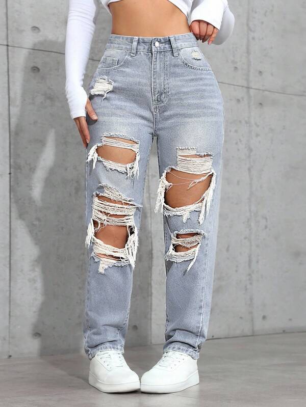 SHEIN ICON Jeans de talla grande para mujer, de cintura alta, sueltos y desgastados con botones