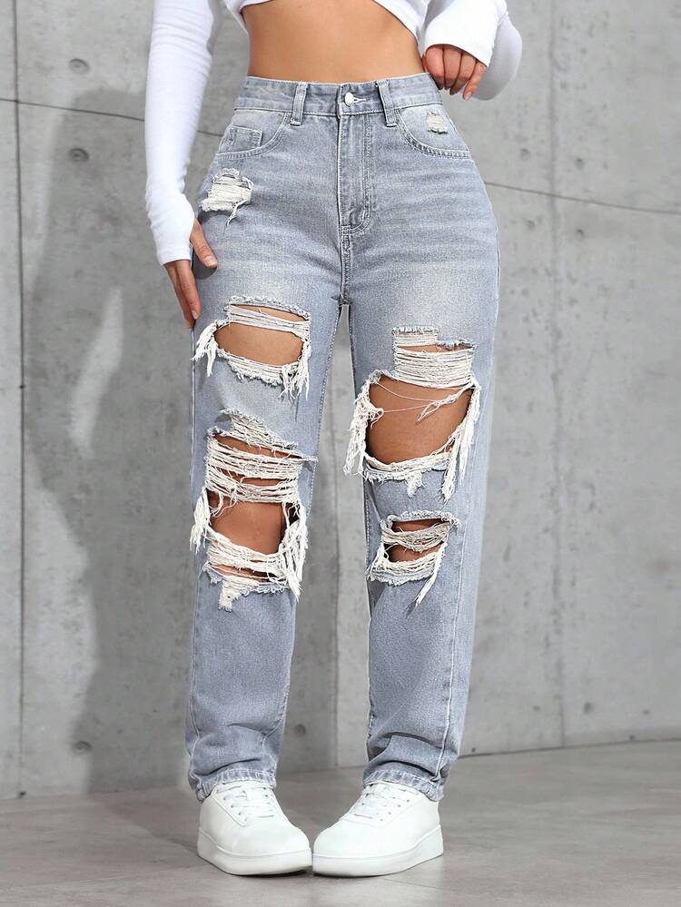 SHEIN ICON Plus Size Women Casual High Waist Loose Distressed Button Denim Jeans