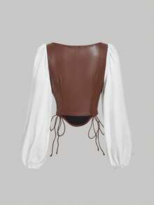 SHEIN MOD Áo kiểu nữ tay phồng phối da màu nâu trắng, buộc dây. - màu nâu - Xem 2