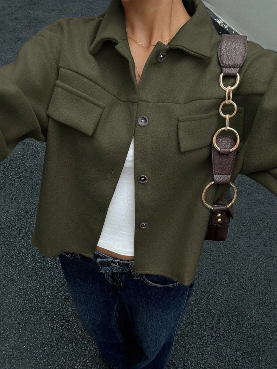 Siren Gaze 女式纯色长袖单排扣休闲大衣,秋冬 - 墨綠色 - 查看 1