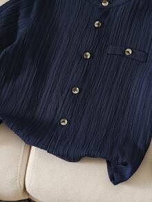 Sparklyn 男童纯色单排扣宽松休闲衬衫，短袖夏季休闲时尚韩版蓝色衬衫 - 藏蓝色 - 查看 4