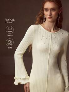 MOTF PREMIUM VESTIDO DE SUÉTER DE AJUSTE SLIM SIN CINTURÓN CON MANGAS DE CAMPANA DE PERLA FALSA - Albaricoque - Ver 7