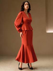 Anewsta Elegante Bluse mit tiefem V-Ausschnitt, Puffärmeln, Twist-Taille und weitem Saum