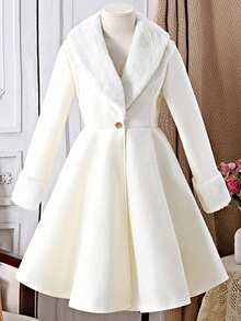 SHEIN Teen Girls White Double-Sided Flannel Collar Mid-Length Umbrella Hem Elegant Woolen Overcoat Girls Winter Coat Tween Dress Coat Girls Fleece Coat Teen Girls Winter Coat Girls White Coat/Halloween/Autumn/Christmas/Holiday/Festival/Winter Fall