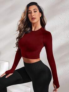 Core Rhythm Damen einfarbiges Rundhals-Raglanärmel Crop Fitness T-Shirt, Burgunderrot Crop Top, Rot Crop Top, Burgunderrot Crop Top, Langarm Crop Top, Damen Workout Crop Top, nahtloser Crop Top, Burgunderrot Top, Damen Sport Crop Top Shirt