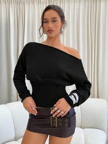 Aloruh Women's Autumn/Winter Asymmetrical Shoulder Long Sleeve Tight Ribbed Brown Sweater,Fall