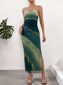 INAWLY 女士漸層網紗綁頸緊身連衣裙,高開叉設計 - 彩色 - 查看 6