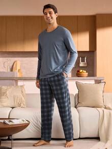 SHEIN Provexi 男士休闲家居服套装，秋冬男士睡衣套装，圣诞节 - 霧霾藍 - 查看 4
