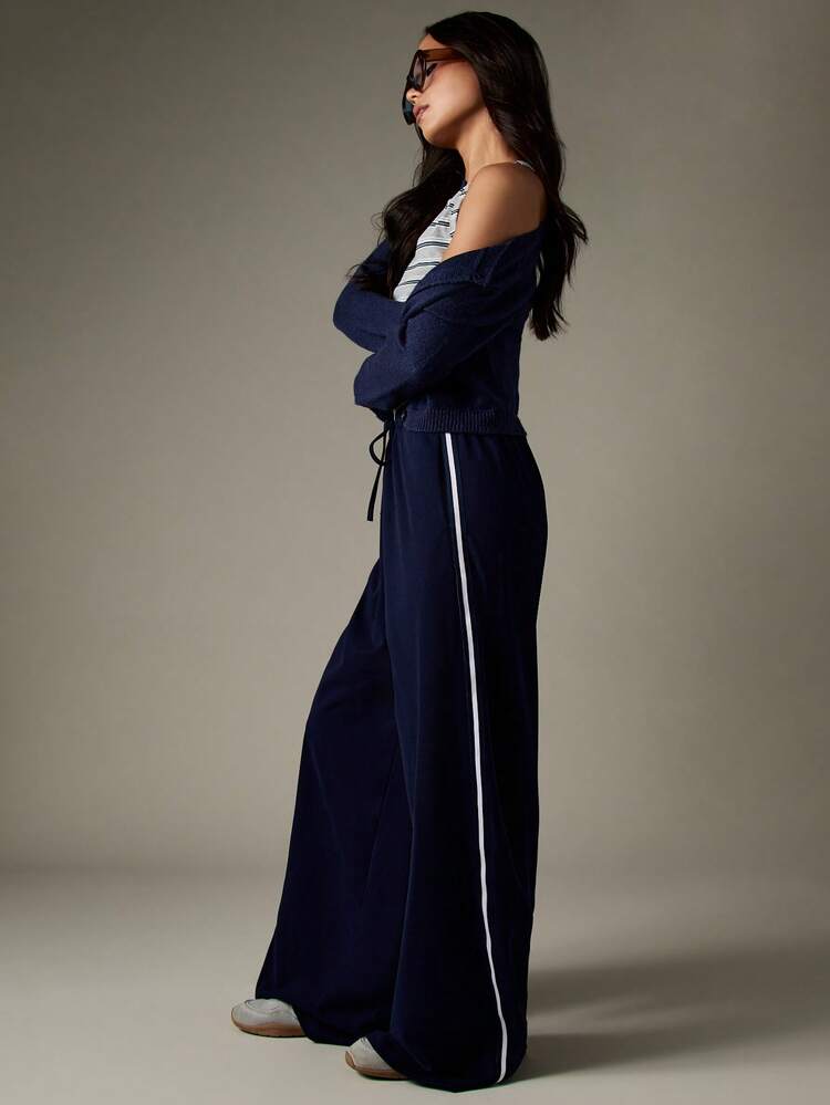 MISSGUIDED Wide Leg Navy Contrast Stripe Palazzo Casual Straight Trouser With White Side Stripe Detail High Waisted Sweatpants