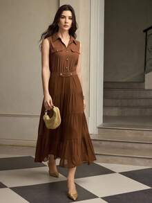 ZEYLAH 褶饰宽下摆衬衫领长连衣裙，秋冬 - 棕色 - 查看 6