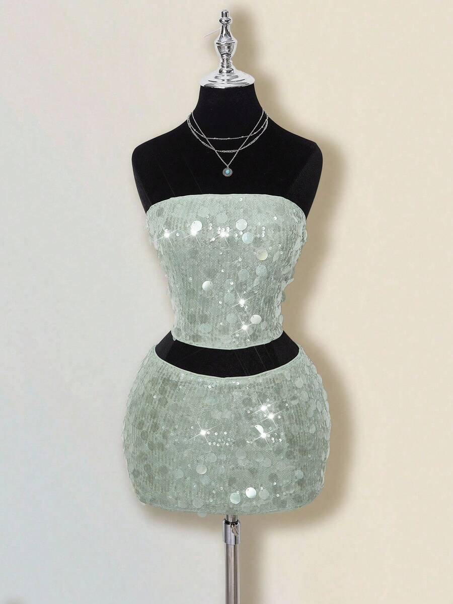 SHEIN ICON Váy khiêu vũ dự tiệc cá nhân phong cách thiên niên kỷ Y2K đơn giản cổ điển lớn đính sequin thời trang hiện đại dành cho nữ Áo ống ôm sát Chân váy ngắn cạp thấp hông Bộ đồ màu xanh lá cây - màu xanh lá - Xem 1