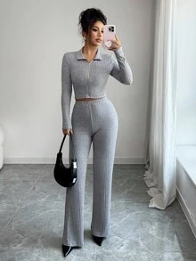 Elenzga 2pcs Autumn Casual Fashion Set, Ribbed Zip-Up Crop Top And Long Straight Pants