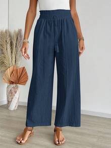 EMERY ROSE 女式休闲纯色抽绳口袋阔腿裤 - 藍色 - 查看 5