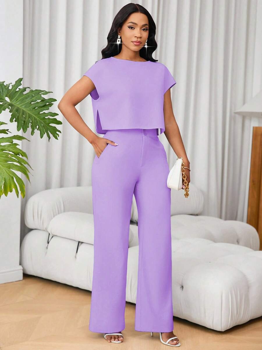 SHEIN Lunessa Bộ 2 món đồ thời trang nữ cổ tròn tay ngắn kiểu Pháp thường ngày và quần ống rộng cạp cao - Màu tím - Xem 1