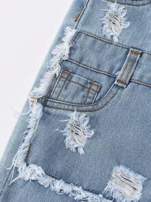 年轻女孩休闲时尚舒适学院风松紧腰刺绣做旧阔腿牛仔裤 - 淺色水洗藍 - 查看 5