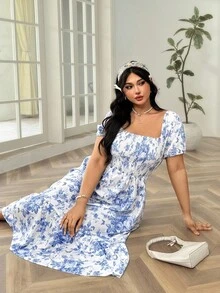 SHEIN WYWH Plus Size Women's Boho Holiday Blue And White Floral Printed Square Neckline Cinched Waist Dress, For Summer - Blue and White - View 4