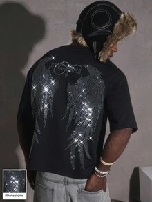 PAVTROS Manfinity Streetrush Men T-Shirts,Halloween,Halloween Party,Streetwear,Halloween,INS Rhinestone Wings Crop T-Shirt For Men, Halloween Street Style, Fall And Winter Urban Hip Hop,Rapper T-Shirt,Boy Friend Gifts. - Black - View 4