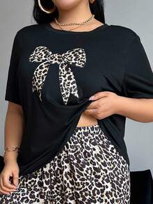 SHEIN ZzzCrew Fashionable Leopard Print Bow Decor Round Neck Short Sleeve Casual Loose Fit Sleepwear Top, Plus Size