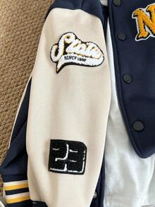 Playful Pals 2 件套幼儿男童学院风字母印花刺绣拼布前扣休闲棒球夹克和裤子套装，罗纹领口、袖口和下摆设计，适合秋冬季外出、街头服饰、日常穿着、运动、上学、旅行、度假