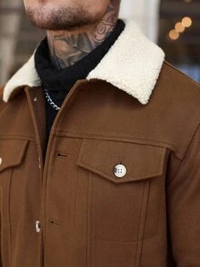 Manfinity Homme Men's Contrast Color Lapel Long Sleeve Single-Breasted Casual Jacket, Autumn/Winter - Brown - View 3