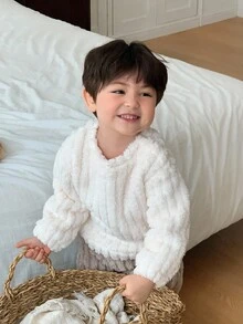 DAZY Conjunto de pijama de top de manga larga de cuello redondo y pantalones de color liso de felpa para bebé niño y niño pequeño - Albaricoque - Ver 4