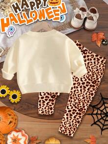 Bộ áo nỉ chui đầu và quần legging họa tiết bí ngô nơ báo dễ thương phong cách Halloween cho bé gái, chất liệu Maillard, cổ tròn dày, dệt kim mềm mại, dài tay, thích hợp cho mùa thu/đông - Nhiều màu - Xem 3