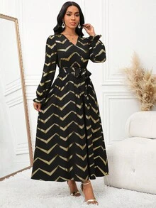 SHEIN Lady Casual Cinched Waist Cinched Waist V-Neck Long Sleeve Dress For Women