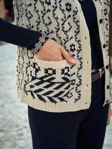 LanaWest Áo khoác cardigan dáng rộng, họa tiết chắp vá, có túi cài nút phía trước, phong cách du lịch thường ngày dành cho nữ, mùa thu/đông - Màu be - Xem 7