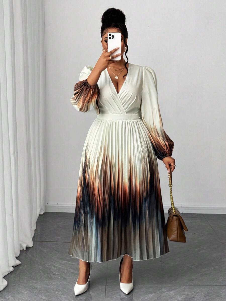 Maweii Đầm midi bodycon xếp ly cổ chữ V tay dài màu ombre thanh lịch dành cho nữ cỡ lớn, mùa xuân/thu - Nhiều màu - Xem 1
