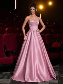 Glamrae 优雅的莲藕粉色光泽缎面露肩领口亮片拼布鱼骨带串珠刺绣超大 A 字裙，配有可调节领带，适合约会、度假、单身、生日、成人仪式、派对、舞会、婚礼、毕业典礼、正式晚会 - 藕粉色 - 查看 6