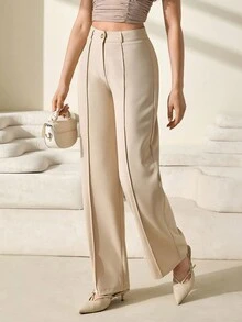 CLARA VERO Women's Solid Color High Waist Toothpick Stripe Design Straight Leg Casual Office Pants - Beige - View 7