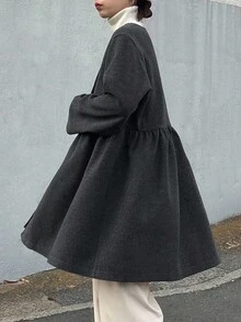 FRIFUL Áo khoác nữ cổ tròn, vạt rộng, xếp ly, phối nhiều lớp, trang trí cúc kim loại, kiểu dáng thường ngày, áo khoác mùa đông nữ. - Xám - Xem 2