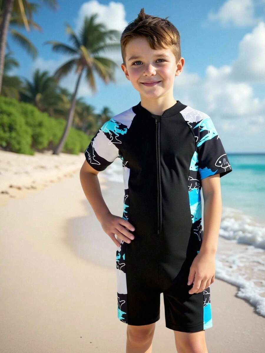 Young Boy Cartoon Graphic Zipper Front One Piece Swimsuit - Black - View 1