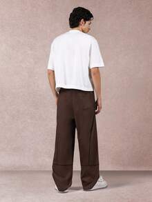 SUMWON Quần ống rộng bằng nylon thông thường có đường viền tương phản, cạp chun, dáng rộng, có dây rút, thời trang dạo phố thu đông, thường ngày - màu nâu - Xem 5