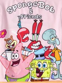 SpongeBob SquarePants | SHEIN 少女可爱卡通图案针织圆领宽松粉色短袖T恤 - 粉色 - 查看 6