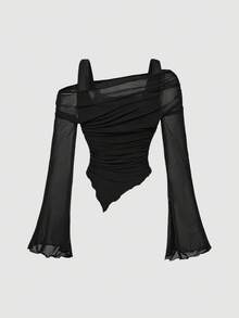 SHEIN MOD Women's Fashion Black Asymmetric Hem Flare Sleeve T-Shirt - Black - View 2