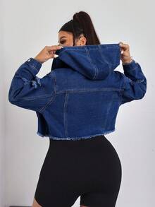SHEIN EZwear 冬季加大码女式休闲做旧牛仔连帽短外套 - 深色水洗藍 - 查看 1