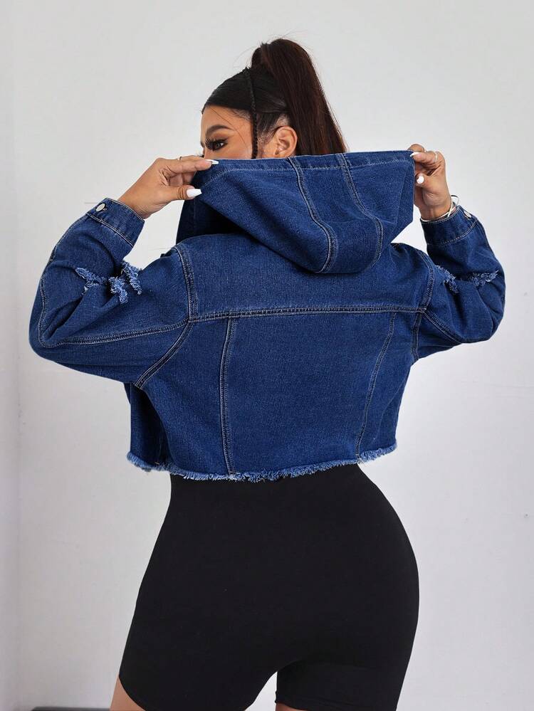 SHEIN EZwear Winter Plus Size Women Casual Distressed Denim Hooded Short Jacket - Dark Wash - View 1