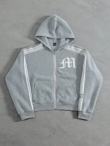 Manfinity EMRG 男士字母条纹长袖拉链休闲连帽衫，灰色，街头风，秋冬款 - 灰色 - 查看 3