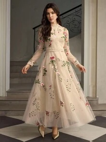 ZEYLAH 女式立领长袖优雅刺绣蕾丝拼布连衣裙 - 杏色 - 查看 4