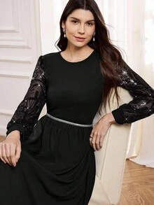 Miaspire 女士优雅亮片刺绣连衣裙，适合秋冬季优雅派对场合 - 黑色 - 查看 5