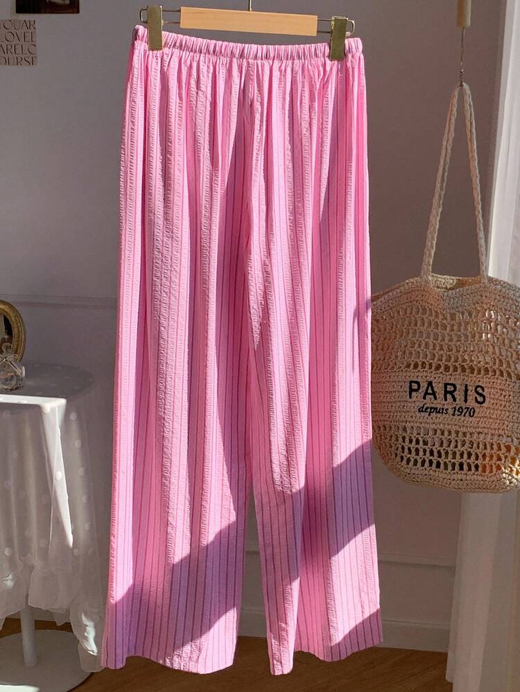 Comfortcana Comfortable Pink Striped Woven Fabric Pants With Adjustable Drawstring Waist,Fall Pink Bottoms For Women - Pink - View 2