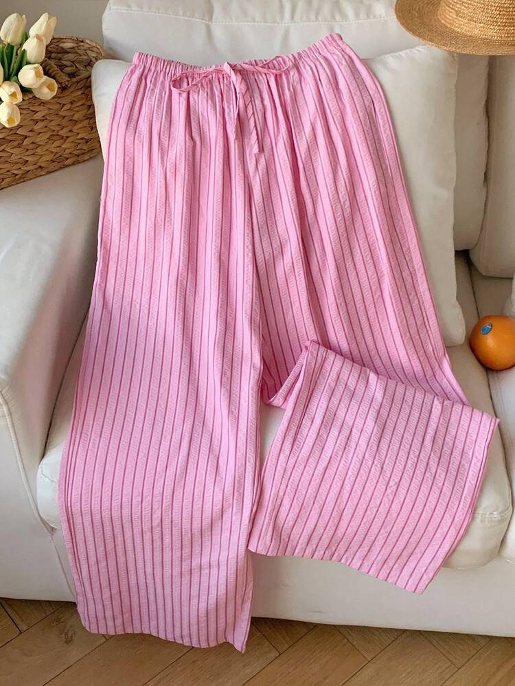 Comfortcana Comfortable Pink Striped Woven Fabric Pants With Adjustable Drawstring Waist,Fall Pink Bottoms For Women - Pink - View 6