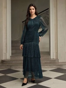 ZEYLAH Elegant Twist Neck Ruched Waist Dress - Black - View 4
