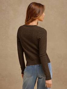 WESTFADE Crewneck Button Front Long Sleeve Cardigan Sweater - Brown - View 3