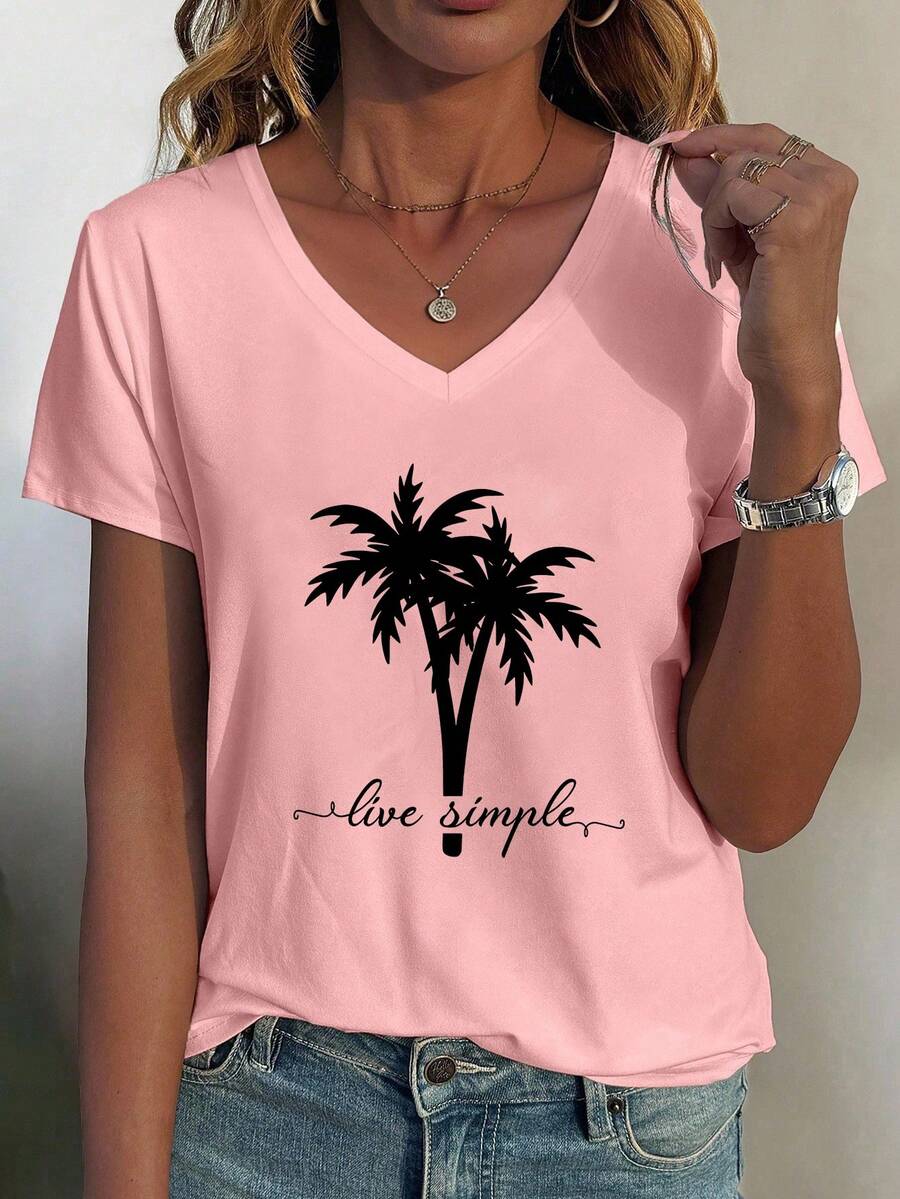 Áo thun nữ cổ chữ V in hình cây dừa, thích hợp cho kỳ nghỉ ở bãi biển - Hồng - Xem 1