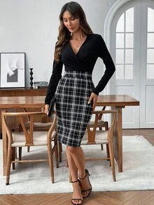 EMERY ROSE 女士优雅通勤格子拼布中长连衣裙 - 彩色 - 查看 7