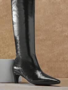 SHUZIA Giày bốt cao đến đầu gối màu đen, chất liệu da PU giả, mũi nhọn, gót thấp, thoải mái cho mùa đông, thích hợp cho kỳ nghỉ lễ - màu đen - Xem 6